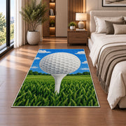 Golf ball on tee rug in a bedroom beside the bed