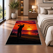Golfer sunset rug in a bedroom beside the bed