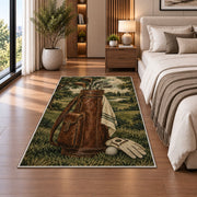 Leather golf bag rug in a bedroom beside the bed