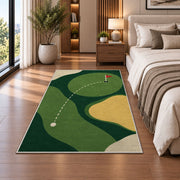 Minimal golf green rug in a bedroom beside the bed