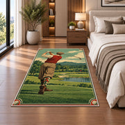Vintage golfer poster rug in a bedroom beside the bed