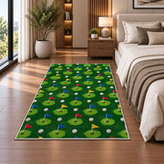 Golf flags pattern rug in a bedroom beside the bed