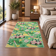 Kids golf rug in a bedroom beside the bed