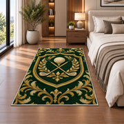 Golf club crest rug in a bedroom beside the bed