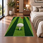 Fairway stripes rug in a bedroom beside the bed