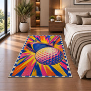Pop art golf rug in a bedroom beside the bed