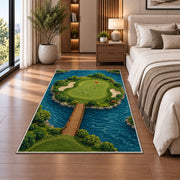 Island green rug in a bedroom beside the bed