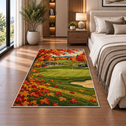 Autumn golf course rug in a bedroom beside the bed