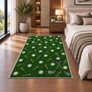 Golf balls and tees rug in a bedroom beside the bed