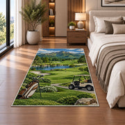 Mountain golf course rug in a bedroom beside the bed