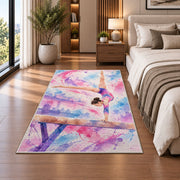 Watercolor Gymnast Rug in a bedroom beside the bed
