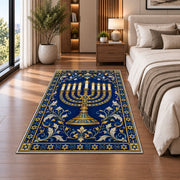 Royal Blue Menorah Rug in a bedroom beside the bed