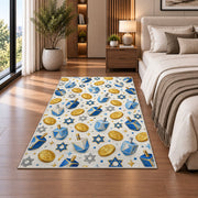 Dreidel and Gelt Pattern Rug in a bedroom beside the bed