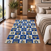 Checkered Hanukkah Rug in a bedroom beside the bed