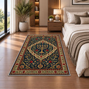 Persian Style Menorah Rug in a bedroom beside the bed