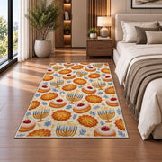 Sufganiyot and Latke Rug in a bedroom beside the bed