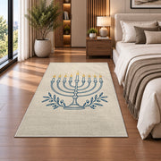 Minimalist Menorah Line Art Rug in a bedroom beside the bed