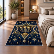 Star of David Menorah Rug in a bedroom beside the bed