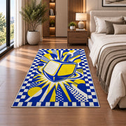 Pop Art Dreidel Rug in a bedroom beside the bed