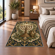 Antique Brass Menorah Rug in a bedroom beside the bed