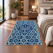Star of David Lattice Rug in a bedroom beside the bed