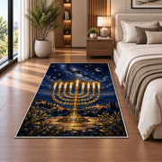 Menorah Starry Night Rug in a bedroom beside the bed