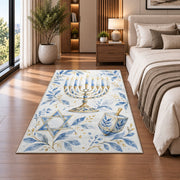 Watercolor Hanukkah Rug in a bedroom beside the bed