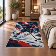 Hockey Player Ice Spray rug in a bedroom beside the bed