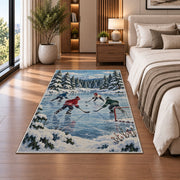 Pond Hockey in the Pines rug in a bedroom beside the bed