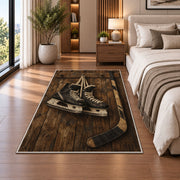 Hockey Skates on Barn Wood rug in a bedroom beside the bed