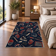 Hockey Gear Pattern rug in a bedroom beside the bed