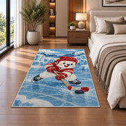 Polar Bear Hockey Player rug in a bedroom beside the bed