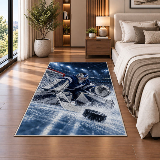 Goalie Making the Save rug in a bedroom beside the bed