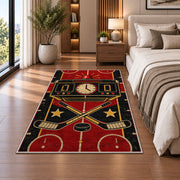 Retro Hockey Scoreboard rug in a bedroom beside the bed