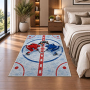 Faceoff at Center Ice rug in a bedroom beside the bed