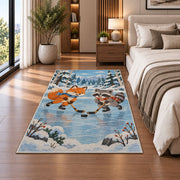 Fox and Raccoon Hockey rug in a bedroom beside the bed