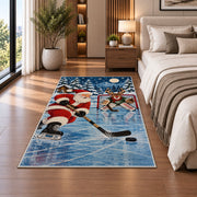 Santa Plays Hockey rug in a bedroom beside the bed