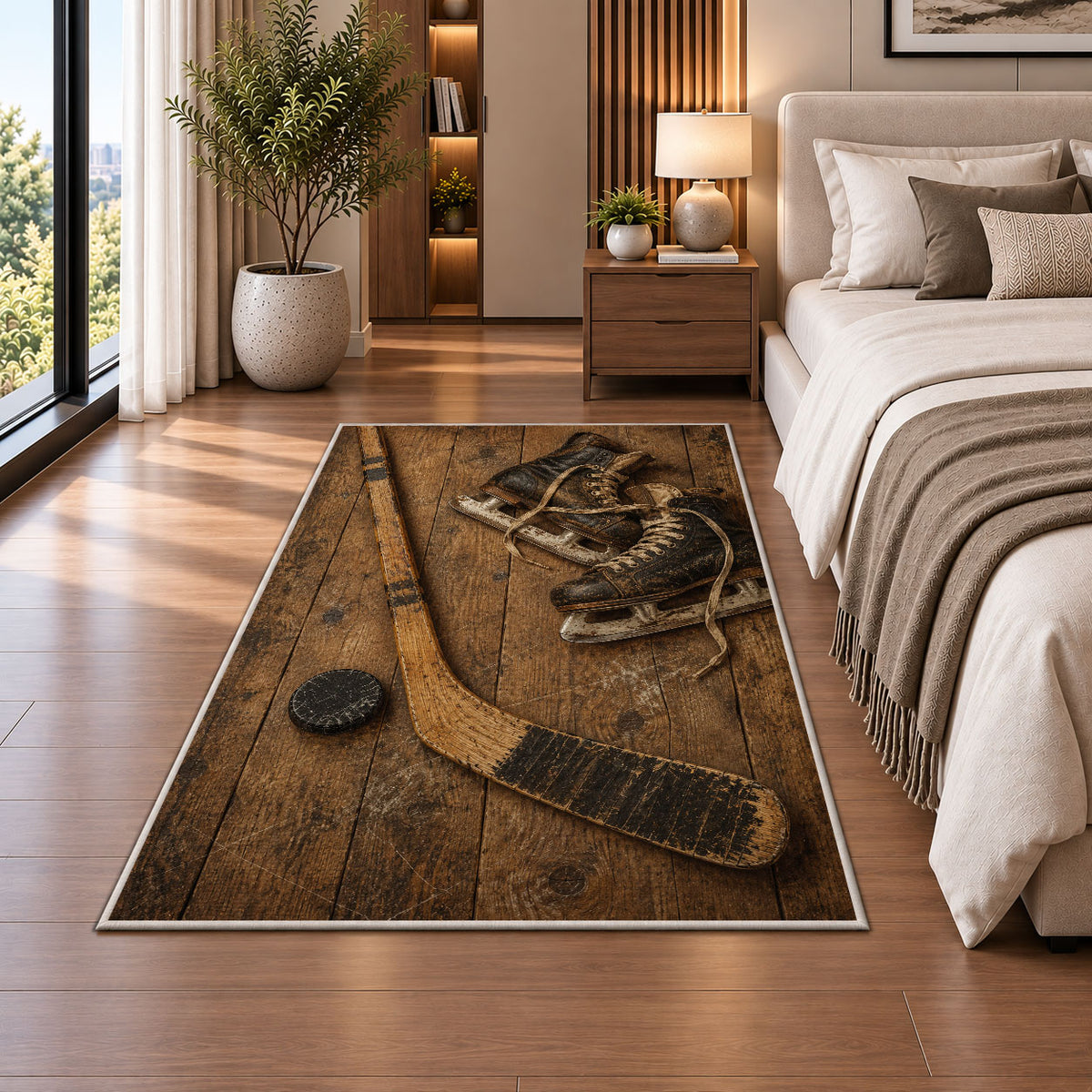 Vintage Hockey Stick and Skates rug in a bedroom beside the bed