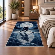 Hockey Player Under the Moon rug in a bedroom beside the bed