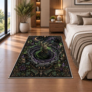 A witch above a green glowing portal with vines, skulls, and mystical borders rug in a bedroom beside a bed