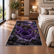 A grinning skeletal creature reaching from a violet vortex above a dark cemetery rug in a bedroom beside a bed