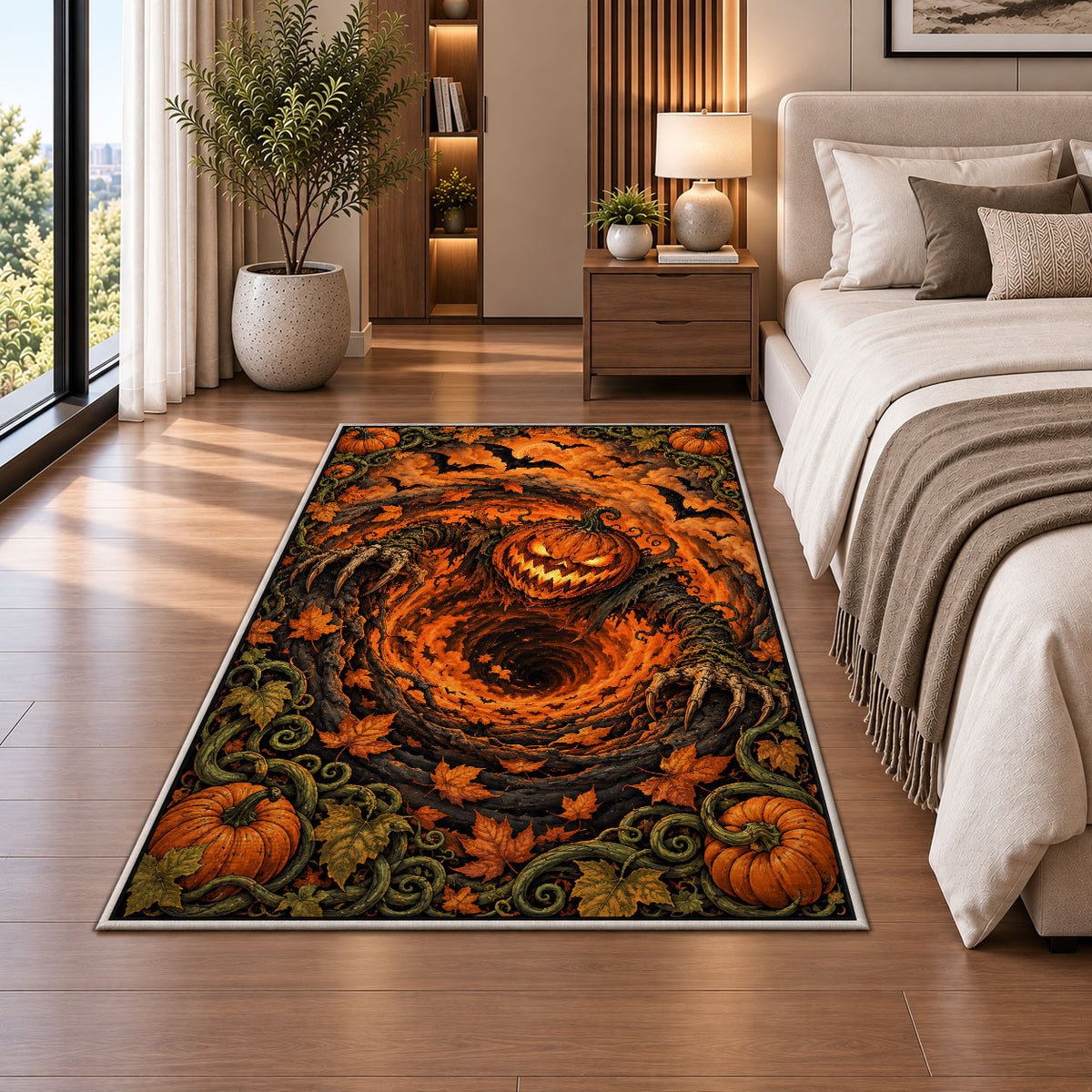 A glowing jack-o-lantern over an orange spiral with pumpkins and curling vines rug in a bedroom beside a bed