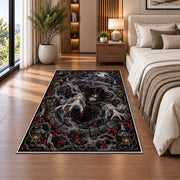 A long-haired ghost above a dark spiral with skulls, cobwebs, and ornate borders rug in a bedroom beside a bed