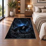 A pale hooded phantom emerging from a blue stone vortex rug in a bedroom beside a bed