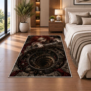 An eerie red-haired doll gripping a skull-lined spiral stone well rug in a bedroom beside a bed