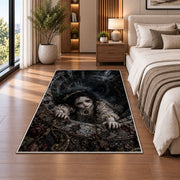 A dark-haired antique doll climbing over a deep circular stone shaft rug in a bedroom beside a bed
