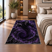 A screaming hooded specter hovering above a purple swirling abyss rug in a bedroom beside a bed