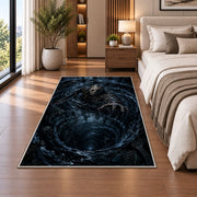 A masked figure reaching out from a dark flooded stone vortex rug in a bedroom beside a bed