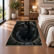 A long-haired ghost leaning over a deep stone well beneath tangled branches rug in a bedroom beside a bed