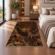 A ragged scarecrow with glowing eyes rising beside an autumn-leaf spiral rug in a bedroom beside a bed